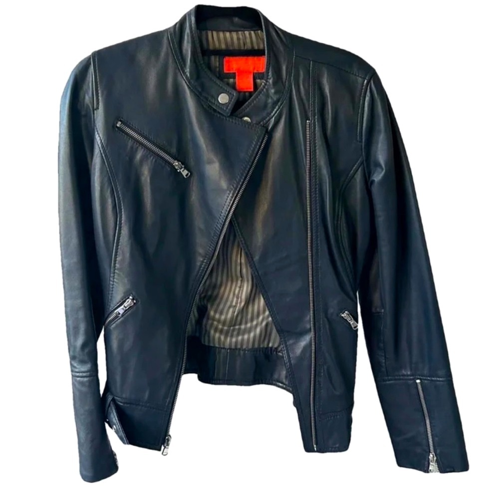 🔥Leather moto jacket in blue-grey from Elements by Vakko, size S